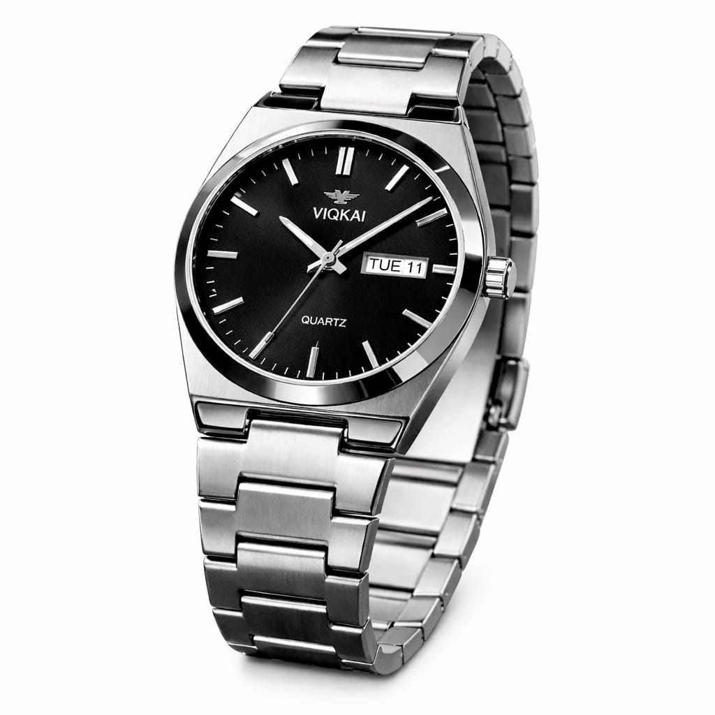 VIKAI Stainless Steel Day-Date Quartz Watch – Black Dial