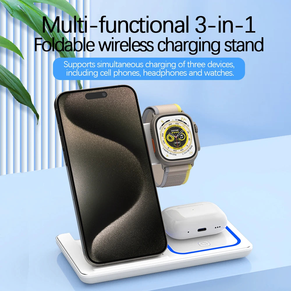 30W LED Fast Wireless Charger Stand 3 in 1 Foldable