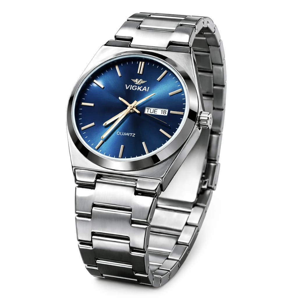 VIKAI Stainless Steel Day-Date Quartz Watch – Blue Dial